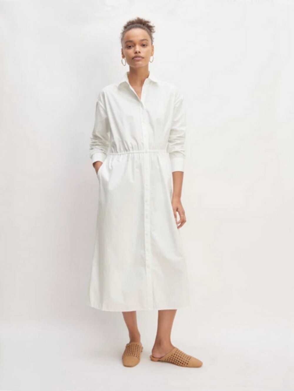 Everlane The Supima Cotton‎ Midi Shirt Dress with Pockets, White, Small